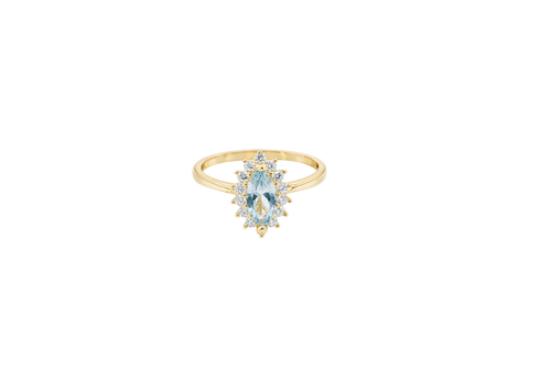 14KT Gold Ring Women's Flower Light Blue Marquise Center CZ Stone with White CZ Stone Petal Borders and Plain Band