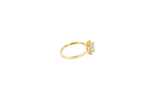 14KT Gold Ring Women's Flower Oval Light Blue Center Stone with White CZ Stone Petals Border Plain Band