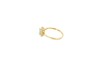 14KT Gold Ring Women's Flower Oval Light Blue Center Stone with White CZ Stone Petals Border Plain Band