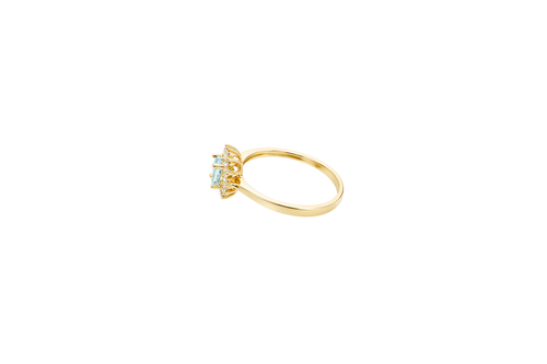 14KT Gold Ring Women's Flower Oval Light Blue Center Stone with White CZ Stone Petals Border Plain Band