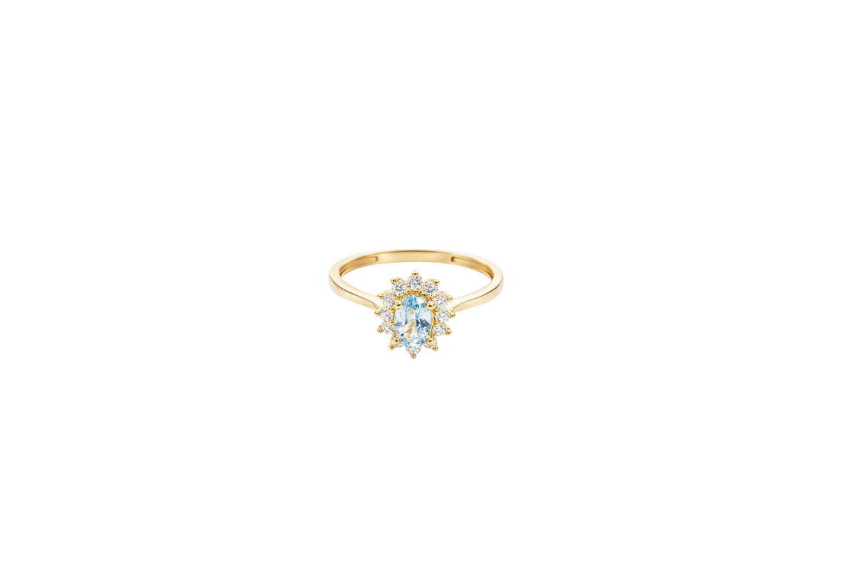 14KT Gold Ring Women's Flower Oval Light Blue Center Stone with White CZ Stone Petals Border Plain Band