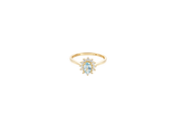 14KT Gold Ring Women's Flower Oval Light Blue Center Stone with White CZ Stone Petals Border Plain Band
