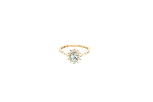 14KT Gold Ring Women's Flower Oval Light Blue Center Stone with White CZ Stone Petals Border Plain Band