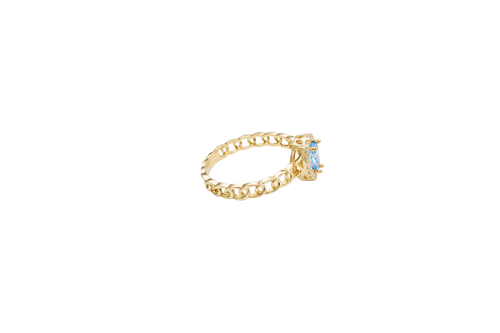 14KT Gold Ring Women's Pear Light Blue Center Stone with White CZ Stone Border Chino Band