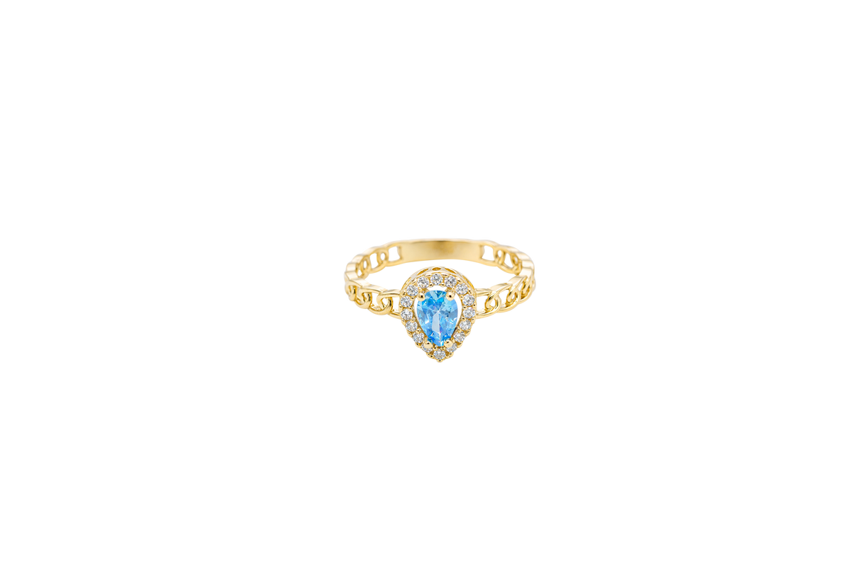 14KT Gold Ring Women's Pear Light Blue Center Stone with White CZ Stone Border Chino Band
