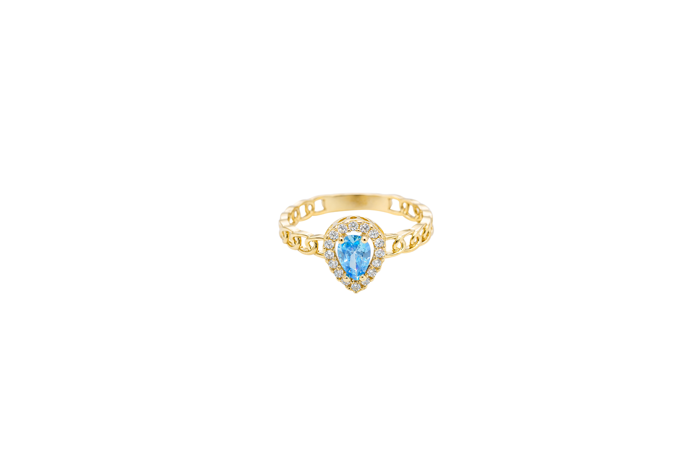 14KT Gold Ring Women's Pear Light Blue Center Stone with White CZ Stone Border Chino Band