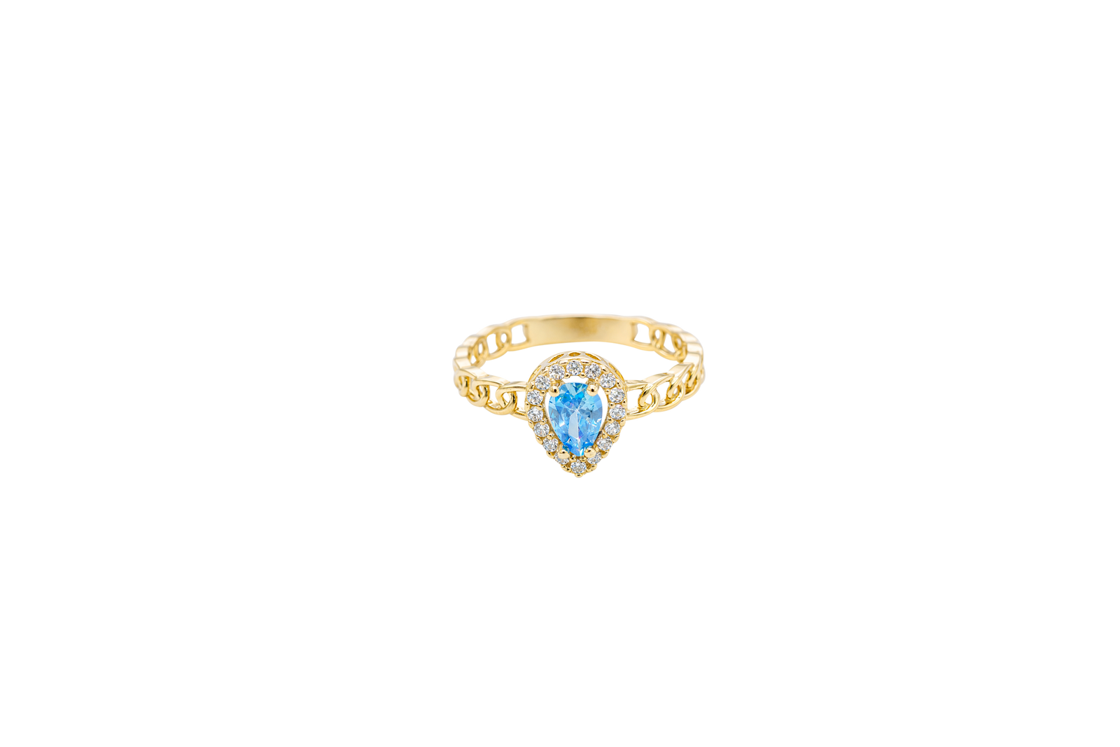 14KT Gold Ring Women's Pear Light Blue Center Stone with White CZ Stone Border Chino Band