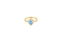 14KT Gold Ring Women's Pear Light Blue Center Stone with White CZ Stone Border Chino Band