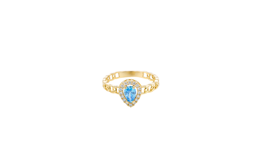 14KT Gold Ring Women's Pear Light Blue Center Stone with White CZ Stone Border Chino Band
