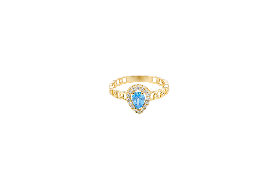 14KT Gold Ring Women's Pear Light Blue Center Stone with White CZ Stone Border Chino Band