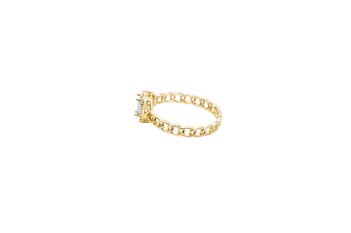 14KT Gold Ring Women's Pear Light Blue Center Stone with White CZ Stone Border Chino Band