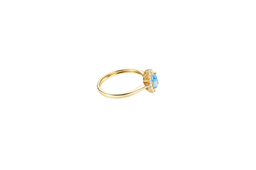 14KT Gold Ring Women's Flower Pear Light Blue Center Stone with White CZ Stone Petals Border Plain Band