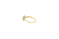 14KT Gold Ring Women's Flower Pear Light Blue Center Stone with White CZ Stone Petals Border Plain Band