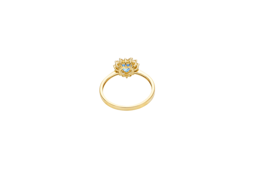 14KT Gold Ring Women's Flower Heart Light Blue Center Stone with White CZ Stone Petal Border Plain Band