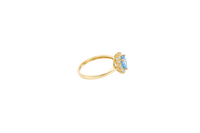 14KT Gold Ring Women's Flower Heart Light Blue Center Stone with White CZ Stone Petal Border Plain Band