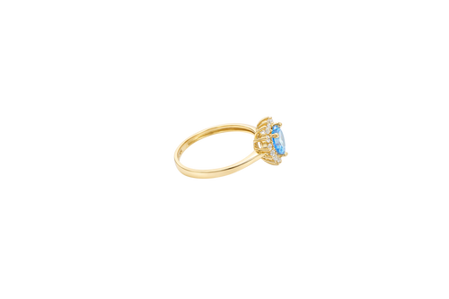 14KT Gold Ring Women's Flower Heart Light Blue Center Stone with White CZ Stone Petal Border Plain Band