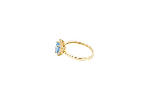 14KT Gold Ring Women's Flower Heart Light Blue Center Stone with White CZ Stone Petal Border Plain Band