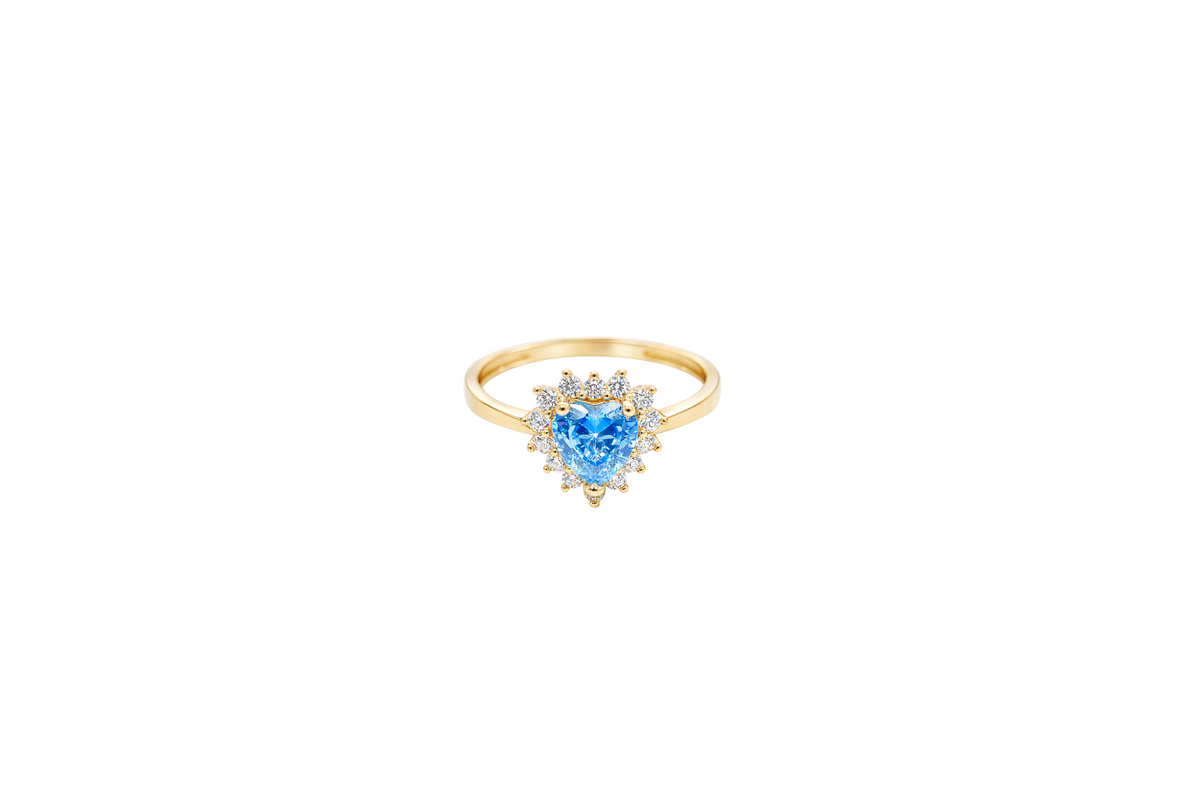 14KT Gold Ring Women's Flower Heart Light Blue Center Stone with White CZ Stone Petal Border Plain Band