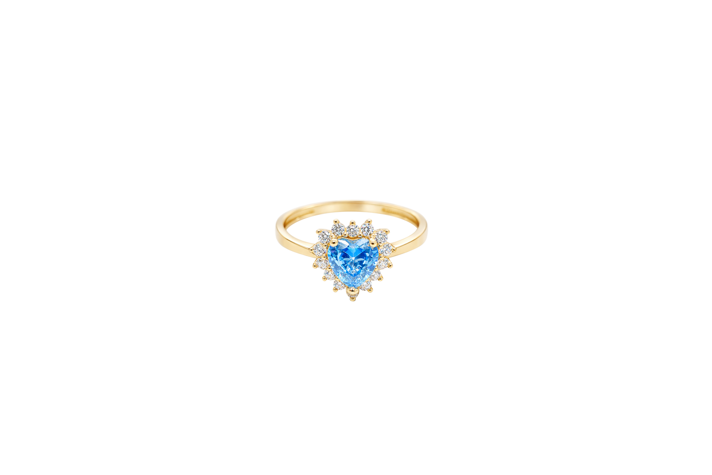 14KT Gold Ring Women's Flower Heart Light Blue Center Stone with White CZ Stone Petal Border Plain Band