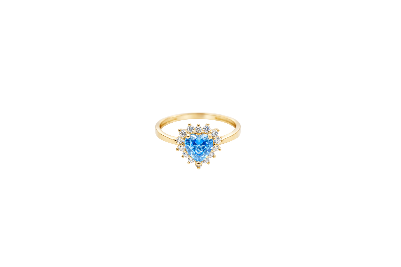 14KT Gold Ring Women's Flower Heart Light Blue Center Stone with White CZ Stone Petal Border Plain Band