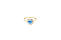 14KT Gold Ring Women's Flower Heart Light Blue Center Stone with White CZ Stone Petal Border Plain Band