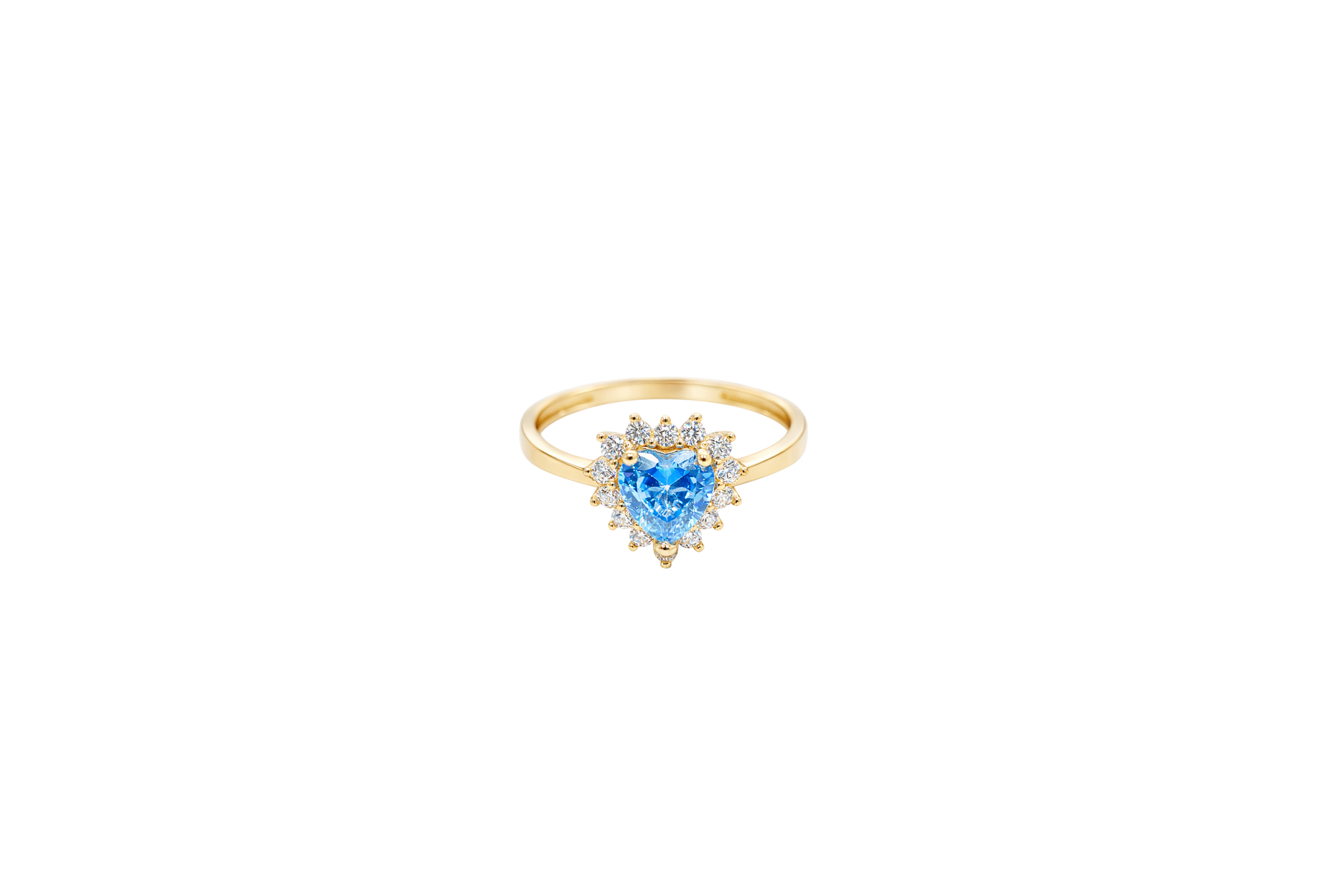 14KT Gold Ring Women's Flower Heart Light Blue Center Stone with White CZ Stone Petal Border Plain Band