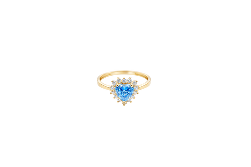14KT Gold Ring Women's Flower Heart Light Blue Center Stone with White CZ Stone Petal Border Plain Band