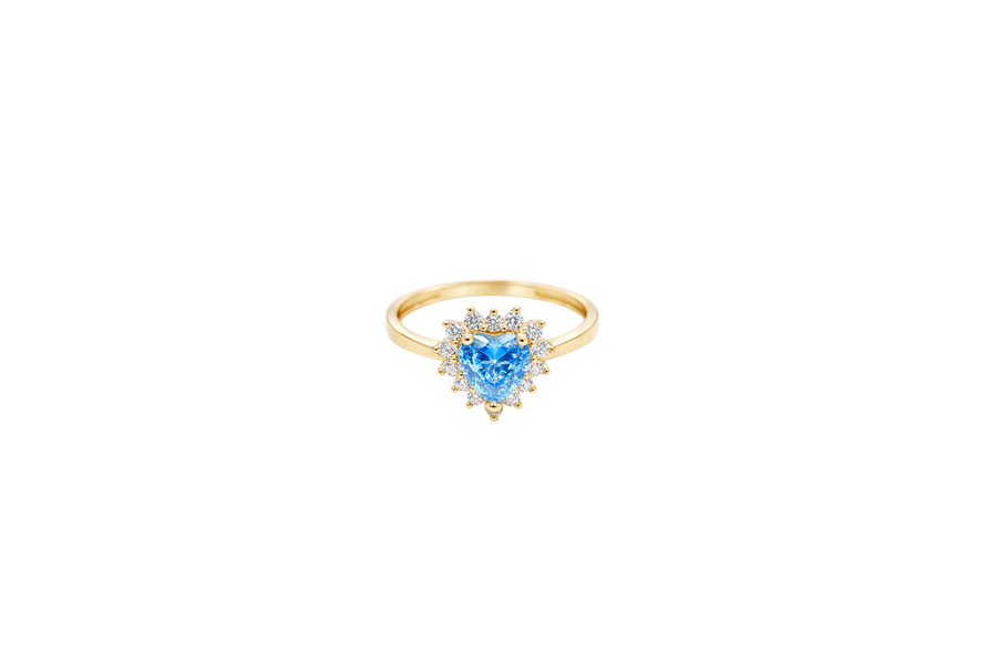 14KT Gold Ring Women's Flower Heart Light Blue Center Stone with White CZ Stone Petal Border Plain Band