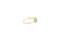 14KT Gold Ring Women's Flower Round Light Blue Center Stone with White CZ Stone Petals Border Plain Band
