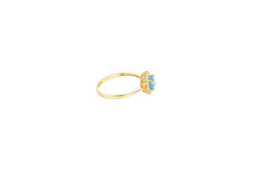 14KT Gold Ring Women's Flower Round Light Blue Center Stone with White CZ Stone Petals Border Plain Band
