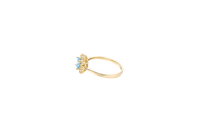 14KT Gold Ring Women's Flower Round Light Blue Center Stone with White CZ Stone Petals Border Plain Band