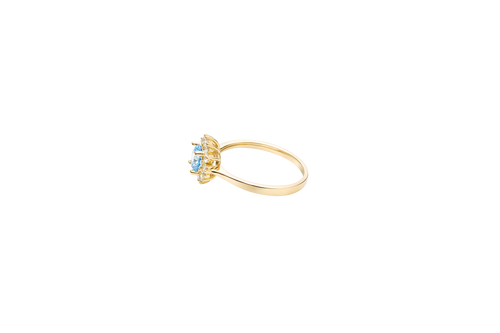 14KT Gold Ring Women's Flower Round Light Blue Center Stone with White CZ Stone Petals Border Plain Band