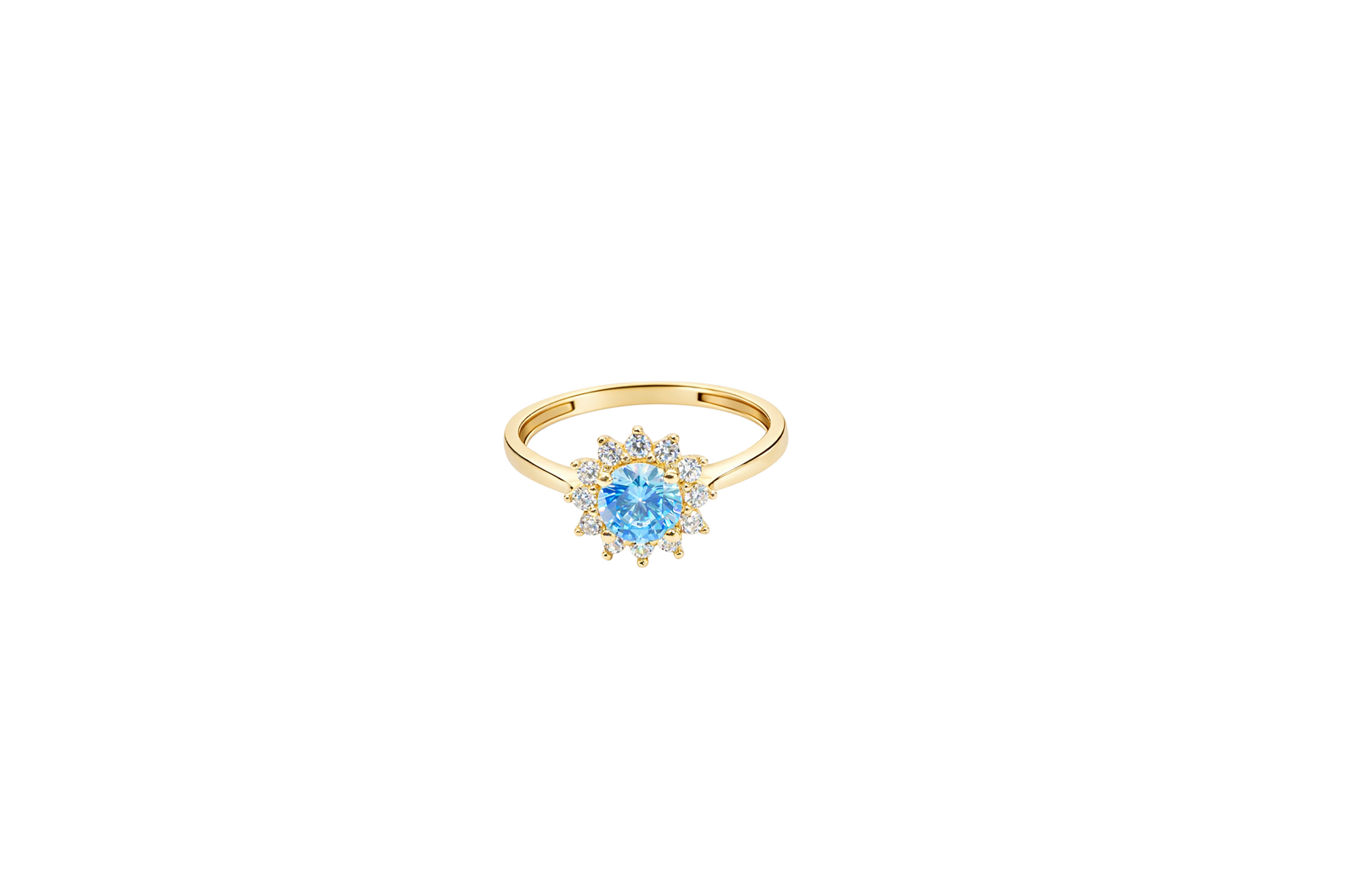 14KT Gold Ring Women's Flower Round Light Blue Center Stone with White CZ Stone Petals Border Plain Band