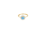 14KT Gold Ring Women's Flower Round Light Blue Center Stone with White CZ Stone Petals Border Plain Band