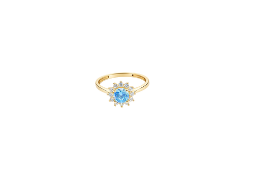 14KT Gold Ring Women's Flower Round Light Blue Center Stone with White CZ Stone Petals Border Plain Band