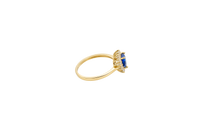 14KT Gold Ring Women's Flower Heart Navy Blue Center Stone with White CZ Stone Petal Border Plain Band