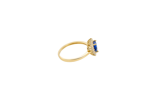 14KT Gold Ring Women's Flower Heart Navy Blue Center Stone with White CZ Stone Petal Border Plain Band