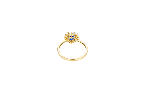 14KT Gold Ring Women's Flower Heart Navy Blue Center Stone with White CZ Stone Petal Border Plain Band