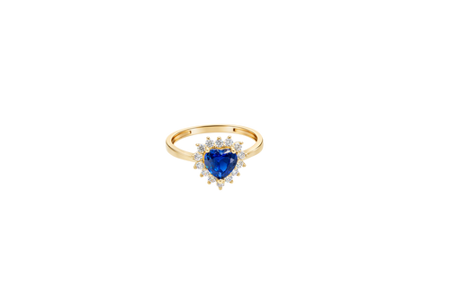 14KT Gold Ring Women's Flower Heart Navy Blue Center Stone with White CZ Stone Petal Border Plain Band