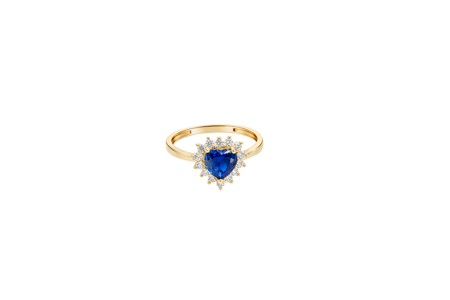 14KT Gold Ring Women's Flower Heart Navy Blue Center Stone with White CZ Stone Petal Border Plain Band