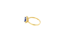 14KT Gold Ring Women's Flower Heart Navy Blue Center Stone with White CZ Stone Petal Border Plain Band