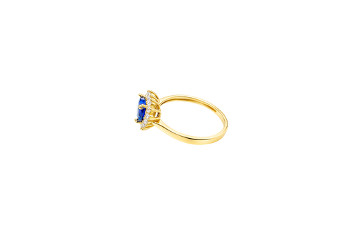 14KT Gold Ring Women's Flower Heart Navy Blue Center Stone with White CZ Stone Petal Border Plain Band