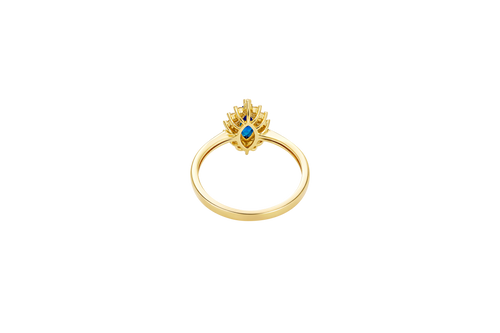 14KT Gold Ring Women's Flower Navy Blue Marquise Center CZ Stone with White CZ Stone Petal Borders and Plain Band