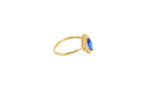 14KT Gold Ring Women's Flower Navy Blue Marquise Center CZ Stone with White CZ Stone Petal Borders and Plain Band