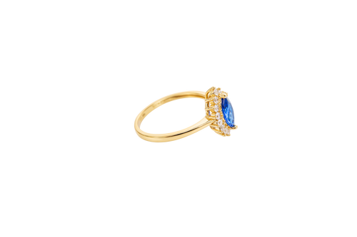 14KT Gold Ring Women's Flower Navy Blue Marquise Center CZ Stone with White CZ Stone Petal Borders and Plain Band