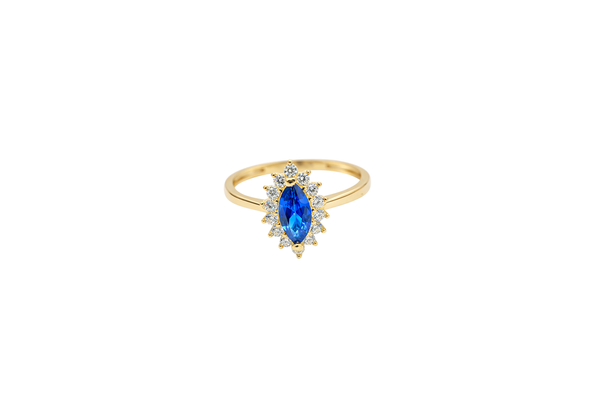 14KT Gold Ring Women's Flower Navy Blue Marquise Center CZ Stone with White CZ Stone Petal Borders and Plain Band