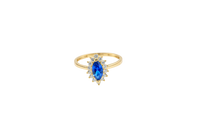 14KT Gold Ring Women's Flower Navy Blue Marquise Center CZ Stone with White CZ Stone Petal Borders and Plain Band