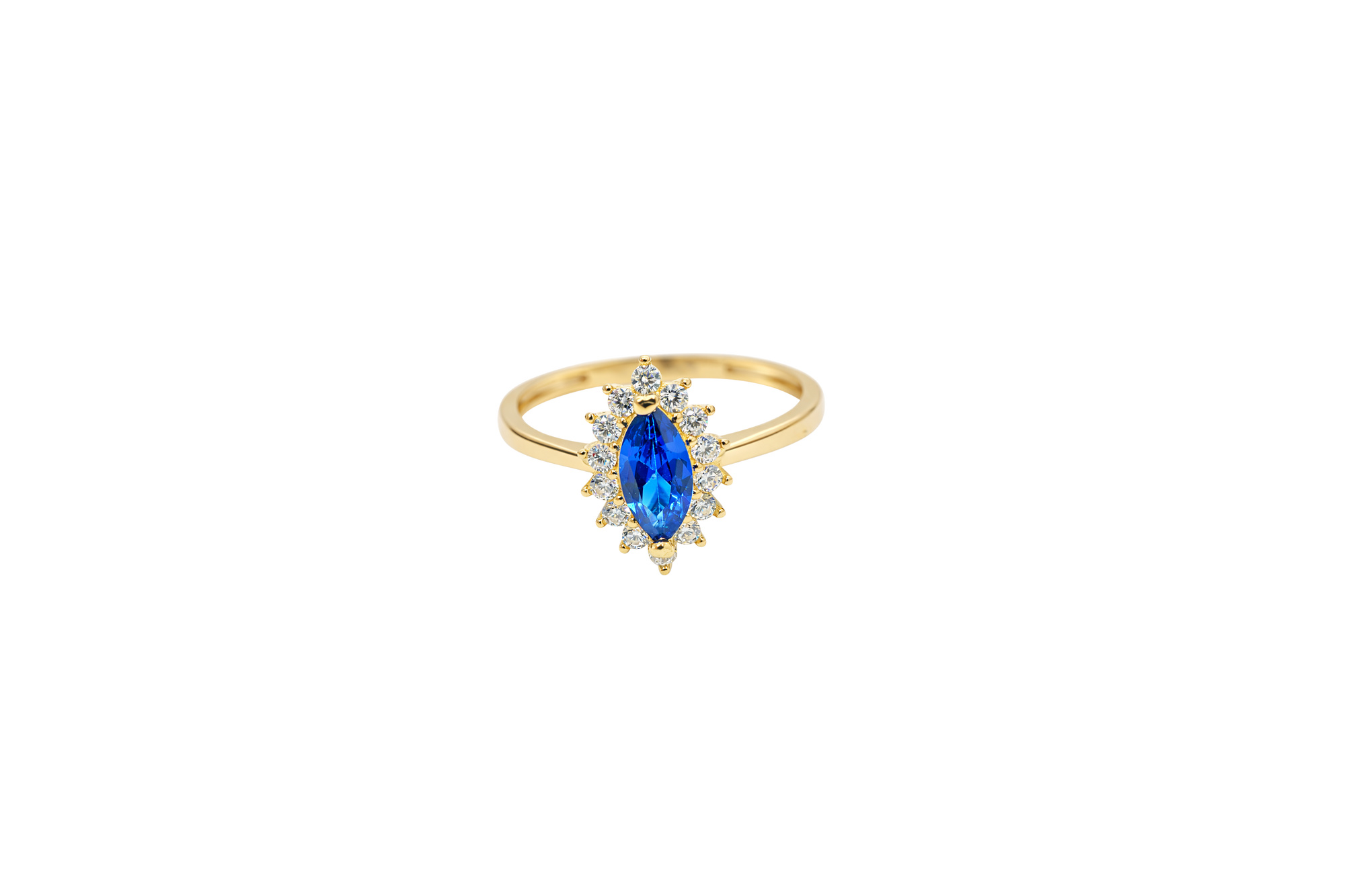 14KT Gold Ring Women's Flower Navy Blue Marquise Center CZ Stone with White CZ Stone Petal Borders and Plain Band
