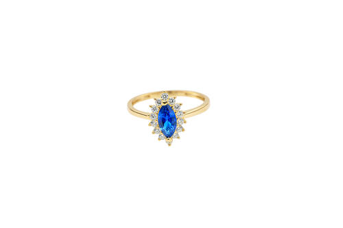 14KT Gold Ring Women's Flower Navy Blue Marquise Center CZ Stone with White CZ Stone Petal Borders and Plain Band