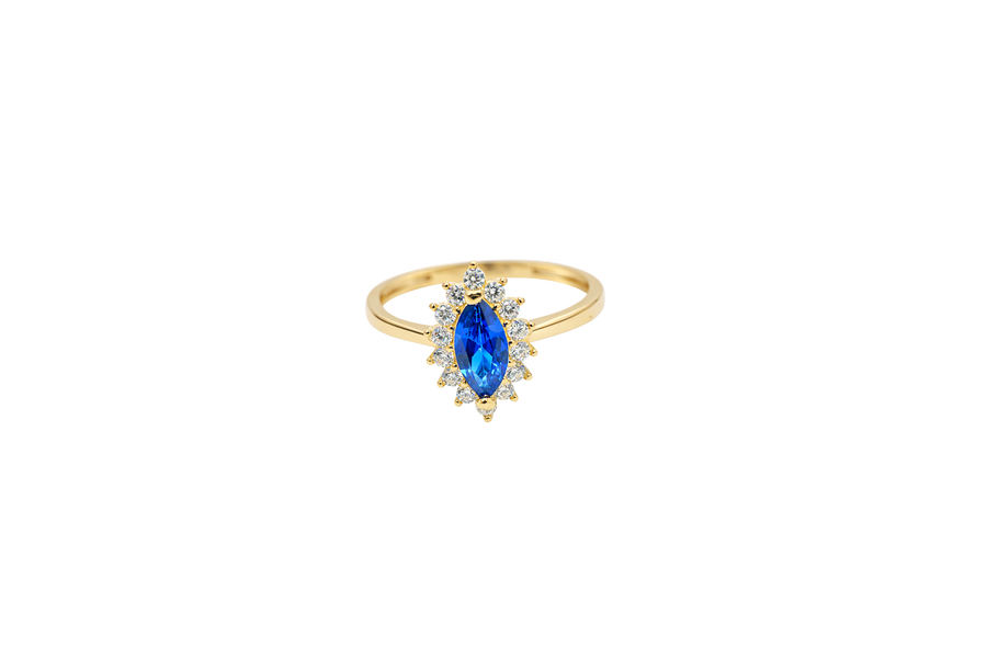 14KT Gold Ring Women's Flower Navy Blue Marquise Center CZ Stone with White CZ Stone Petal Borders and Plain Band